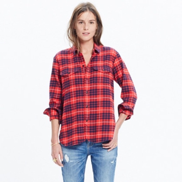 Madewell Red Navy Flannel Workshirt Altamira Plaid - Picture 1 of 4